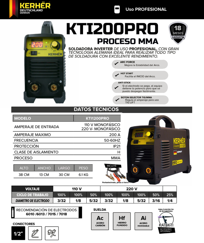 SOLDADORA INVERSOR INDUSTRIAL 200amp KERHER BIVOLTAJE 110/220V KTI200PRO
