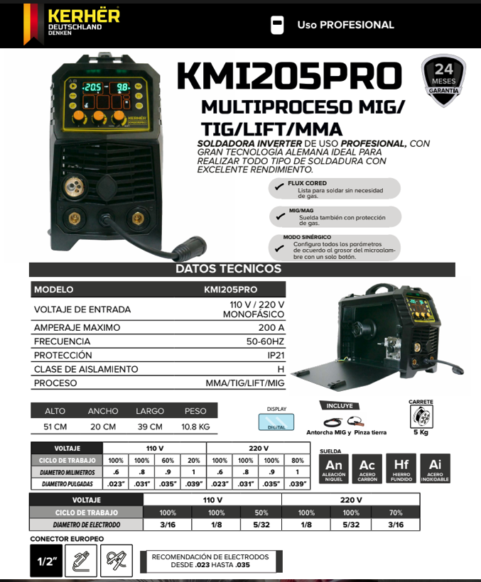 SOLDADORA INVERSOR MULTIPROCESOS  Kerher MIG/MMA 200amp 110/220V KMI205PRO