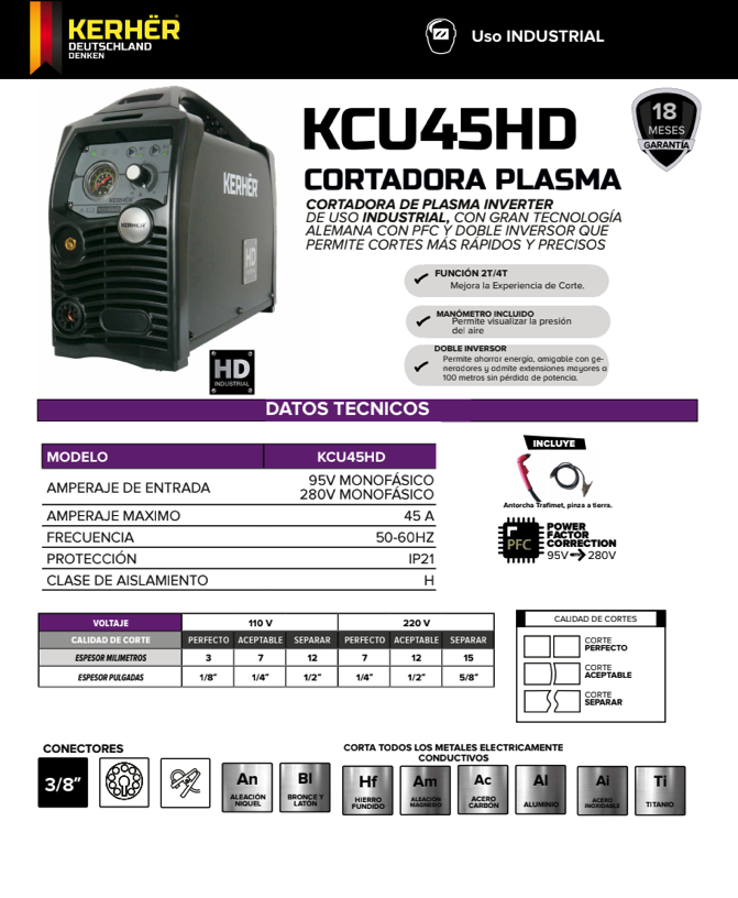 CORTADORA DE PLASMA KERHER KCU45HD USO INDUSTRIAL 45amp 110/220V