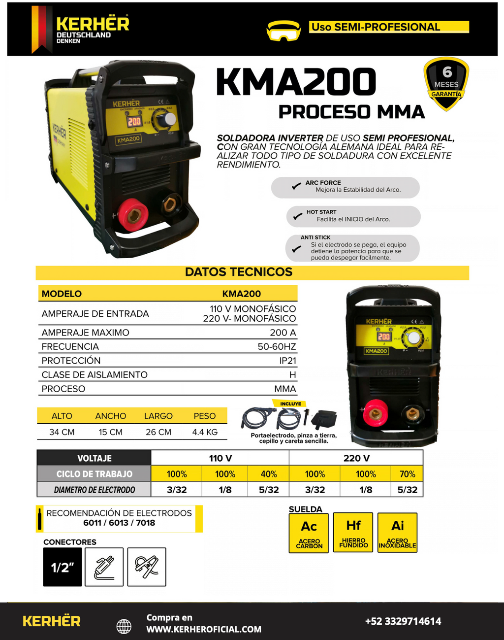 SOLDADORA INVERSOR MMA / TIG LIFT KERHER MMA 200 amp 110/220V KMA200