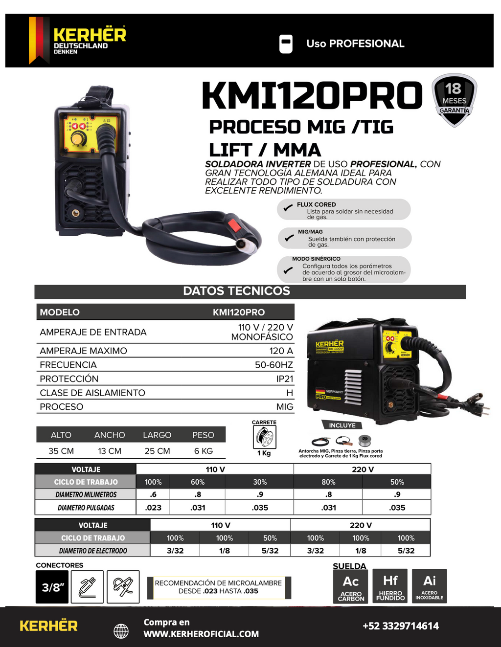 SOLDADORA INVERSOR MICROALAMBRE (GAS / NO GAS) y MMA KERHER 120 amp BIVOLTAJE 110/220V KMI120PRO