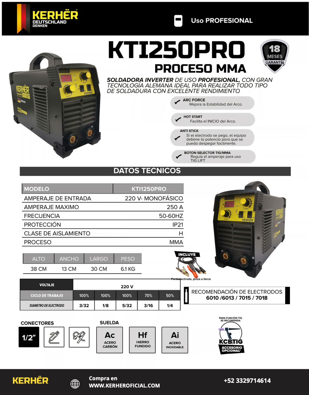 SOLDADORA INVERSOR KERHER 250 amp 220 v INDUSTRIAL TIG/MMA KTI250PRO