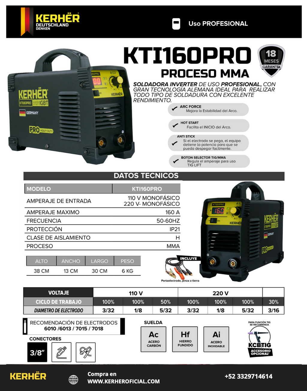 SOLDADORA INVERSOR INDUSTRIAL KERHER TIG/MMA 160 amp 110/220v KTI160PRO