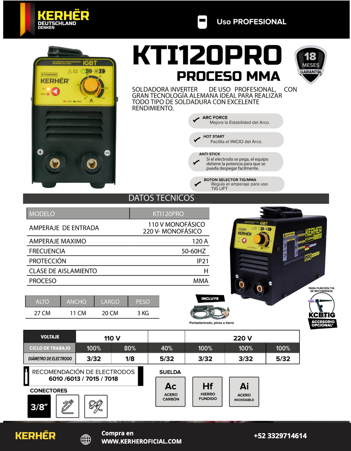 SOLDADORA INVERSOR KERHER TIG/MMA 120 amp  BIVOLTAJE 110/220V KTI120PRO