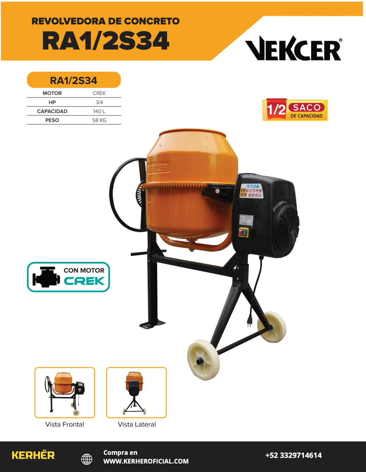 REVOLVEDORA PARA CONCRETO ELECTRICA VECKER DE 1/2 SACO 3/4 HP RA1/2S34